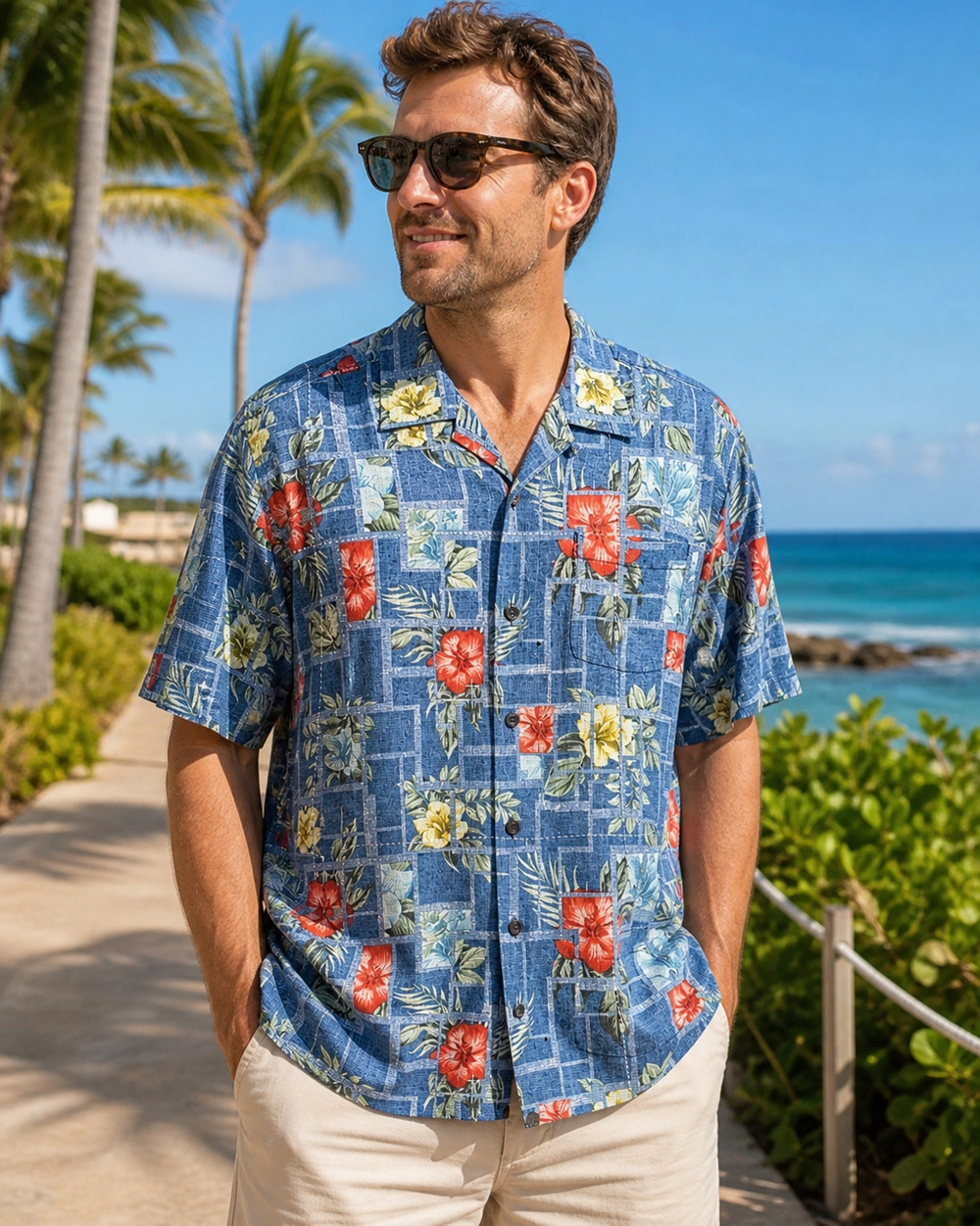 Tommy Bahama Silk Hawaiian Shirt Blue Floral Tropical Button Down Men’s Resort L